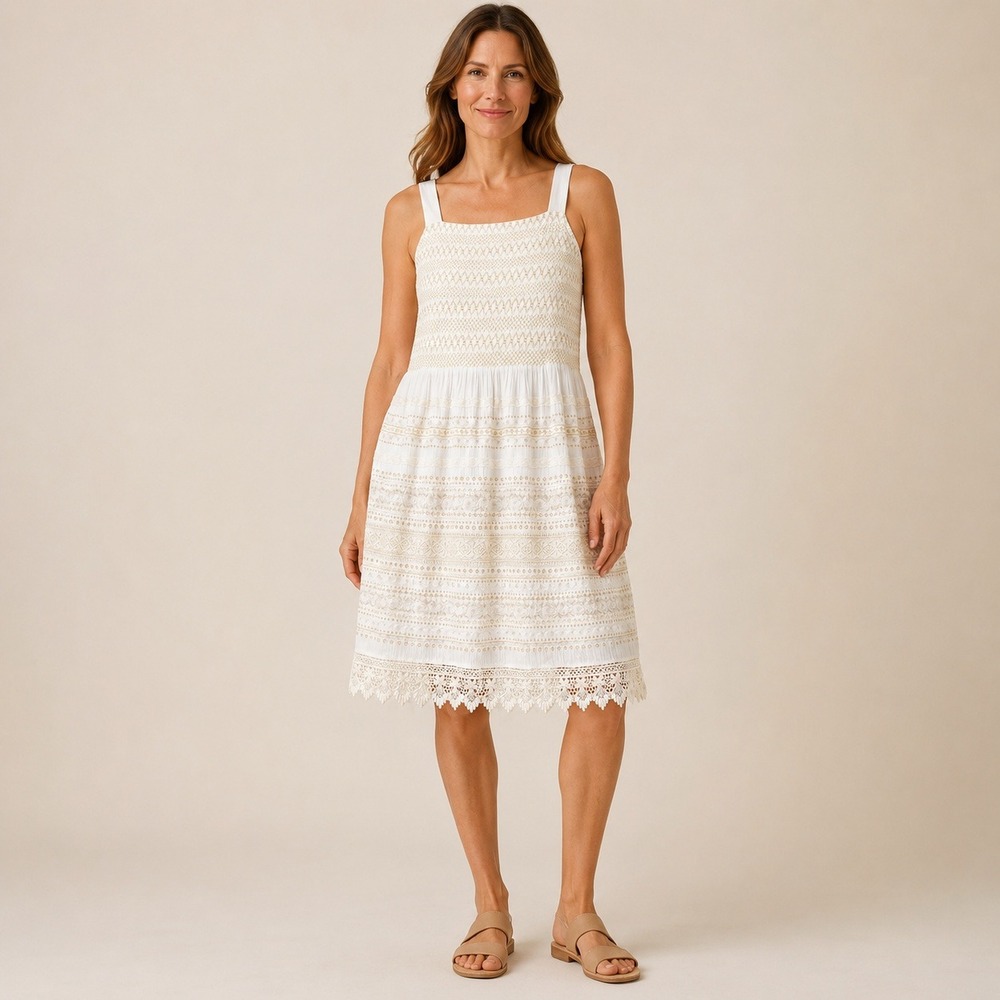 J Jill Sleeveless Embroidered Lace Dress Womens XL P Cream Boho Cottage Party